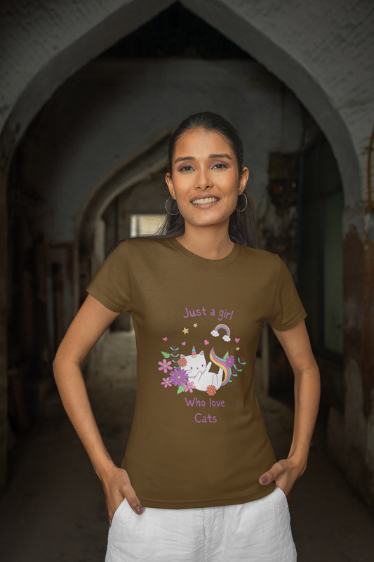 Girl Who Loves Cats Round Neck T-Shirt Coffee Brown