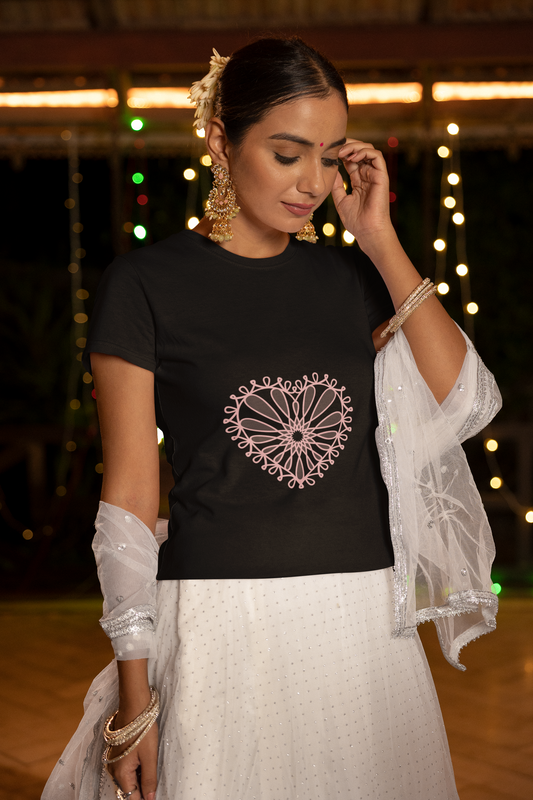 Heart Flower Round Neck T-Shirt