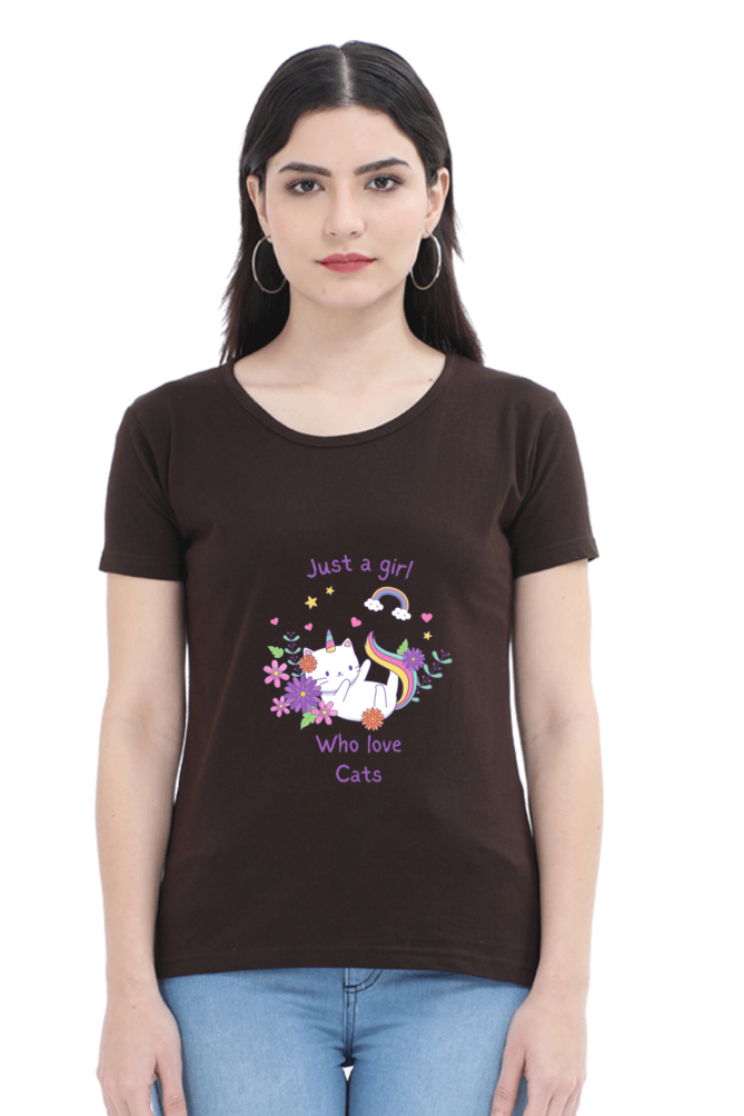 Girl Who Loves Cats Round Neck T-Shirt Coffee Brown